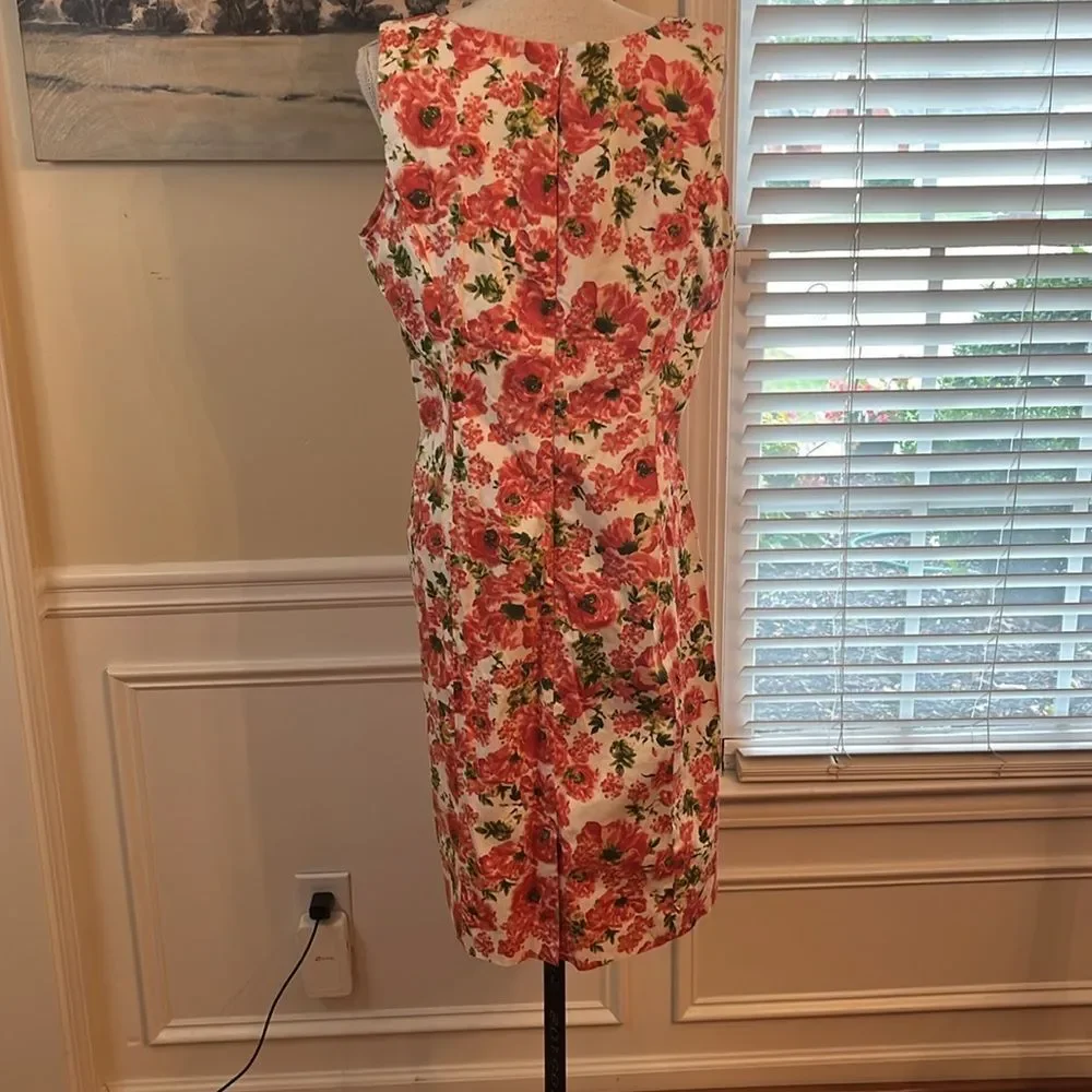 Talbots White and Coral Floral Sleeveless Midi Dress